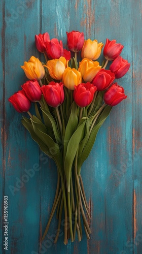 Vibrant bouquet of red and yellow tulips on a blue wooden background
