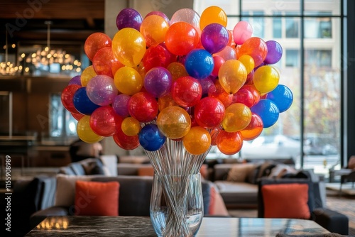 Colorful balloon arrangement showcased in a modern art gallery setting