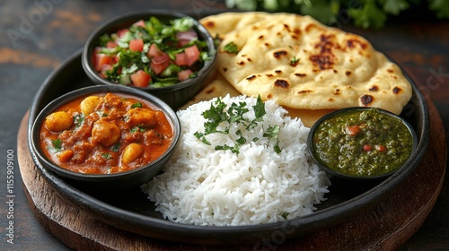 Delicious Indian meal served on a traditional platter with various curries an...