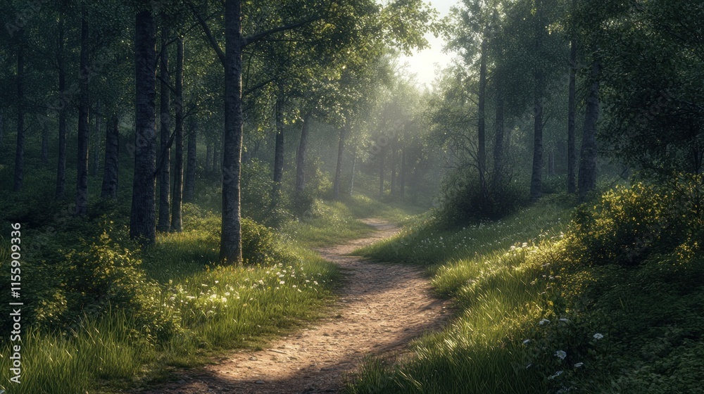 Obraz premium Sunlit Path Through an Enchanting Forest