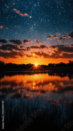 Sunset over lake reflecting vibrant colors with silhouettes of trees and star...