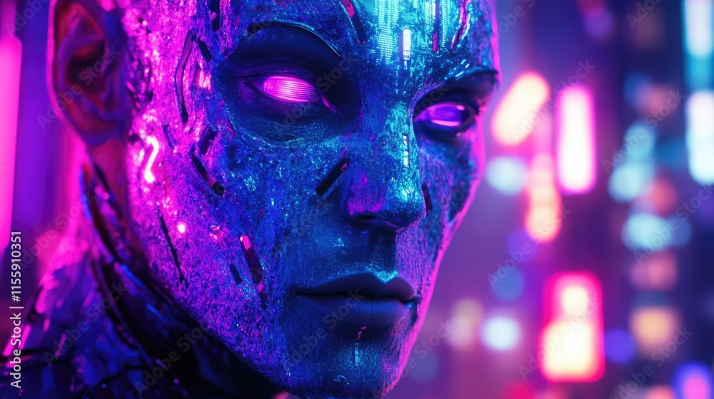 A striking cyborg with glowing eyes in a vibrant urban environment, illuminated by neon lights, showcases advanced technology and artistry A striking cyborg with glowing eyes in a vibrant urban environment, illuminated by neon lights, showcases advanced technology and artistry