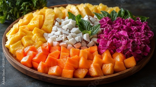 Colorful fruit platter featuring fresh tropical fruits for a summer gathering