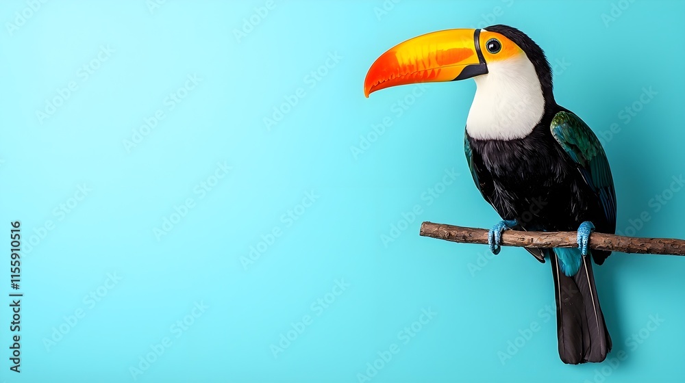 Fototapeta premium Vibrant Toucan Perched on Branch Against Blue Background