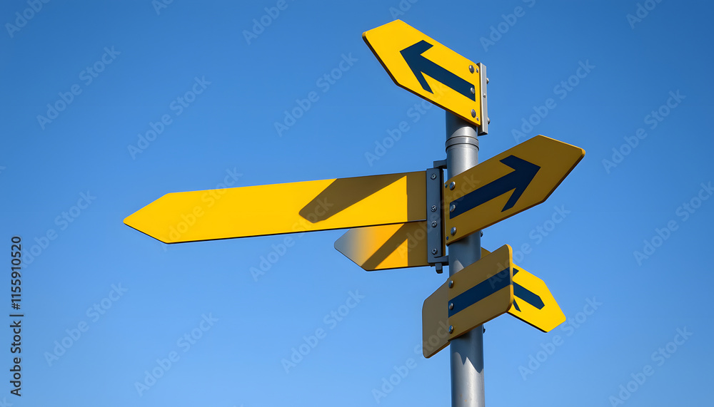 Mockup of road direction arrows on a metal pole, against a blue sky background, detailed. isolated with white shades Mockup of road direction arrows on a metal pole, against a blue sky background, detailed. isolated with white shades
