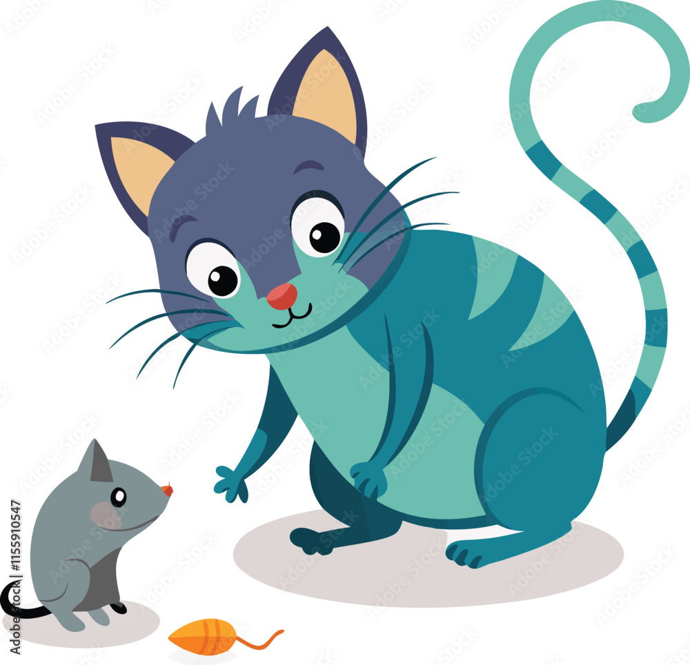 Obraz premium A playing cat with rat vector illustration