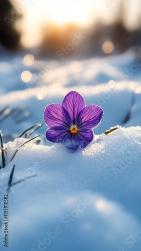 Blooming tulip surrounded by snow on a chilly winter morning