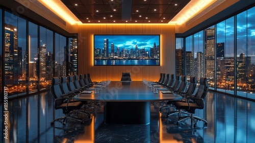 Modern conference room with city skyline view at night