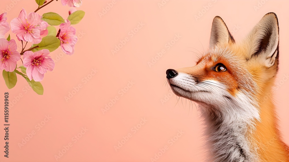 Obraz premium Close-up Portrait of Fox with Cherry Blossom Background