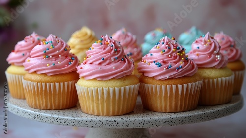 Delicious cupcakes decorated with colorful frosting and sprinkles on a wooden...
