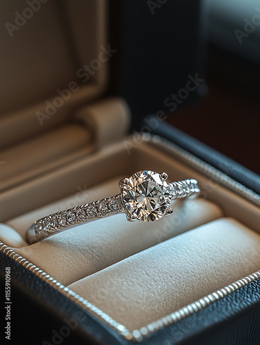 Elegant open gift box with diamond ring inside, luxury gifts, engagement and wedding rings, wealth and rich lifestyle, chic presents, premium jewelry