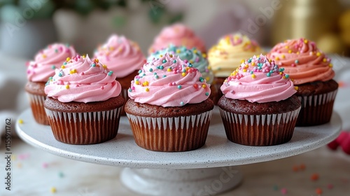 Delicious cupcakes decorated with colorful frosting and sprinkles on a wooden...