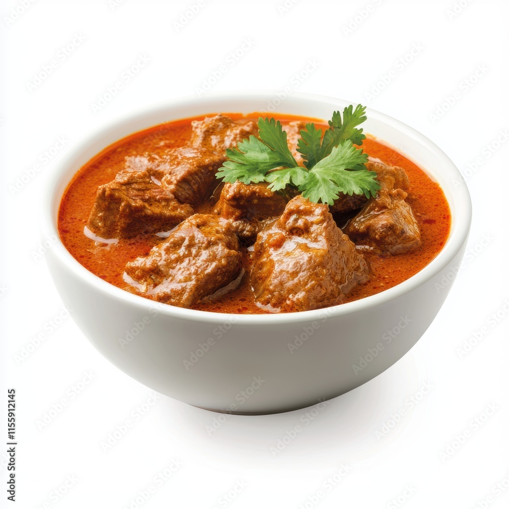 Savory Beef Curry with Fresh Herb Garnish in White Bowl Savory Beef Curry with Fresh Herb Garnish in White Bowl