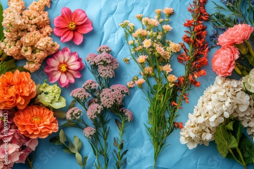 Colorful flower arrangement with assorted blooms on a blue table against a te...