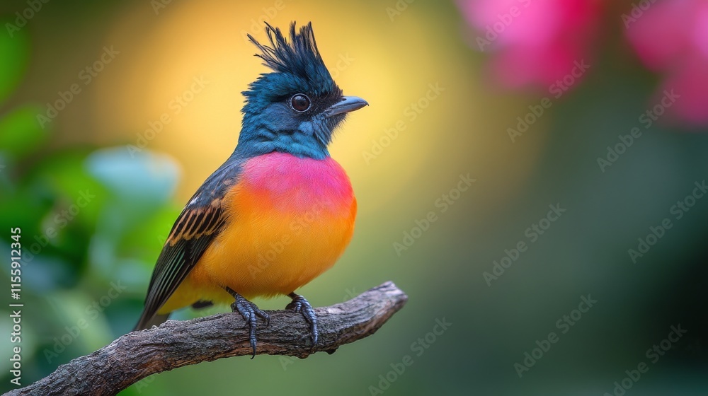 Fototapeta premium Colorful tropical bird perched on a branch in lush greenery