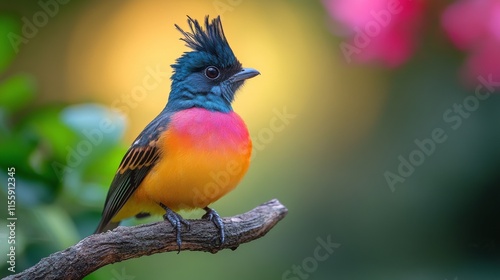 Colorful tropical bird perched on a branch in lush greenery