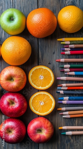 Arrangement of colorful fruits and crayons on a wooden surface for creative e...