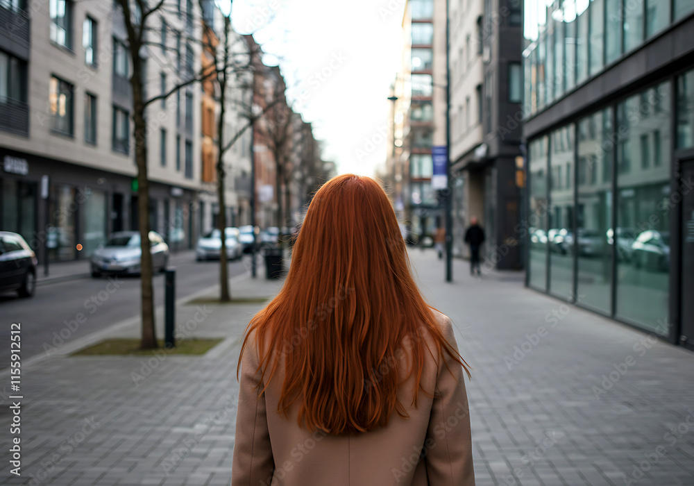 Woman with Long Red Hair Walking in Urban Street Scene
