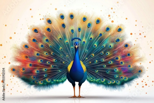 Vibrant peacock displaying its stunning plumage in a serene garden setting