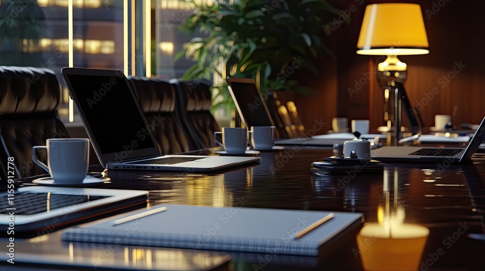 A professional meeting room with polished furniture, open notebooks, laptops, and coffee cups on the table, ready for a business presentation. A professional meeting room with polished furniture, open notebooks, laptops, and coffee cups on the table, ready for a business presentation.