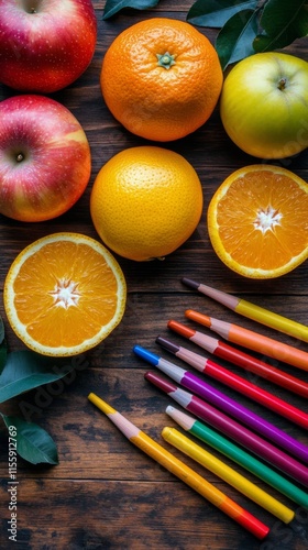 Arrangement of colorful fruits and crayons on a wooden surface for creative e...