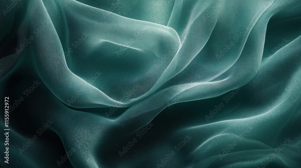 Fototapeta premium Teal fabric texture, draped, soft folds.