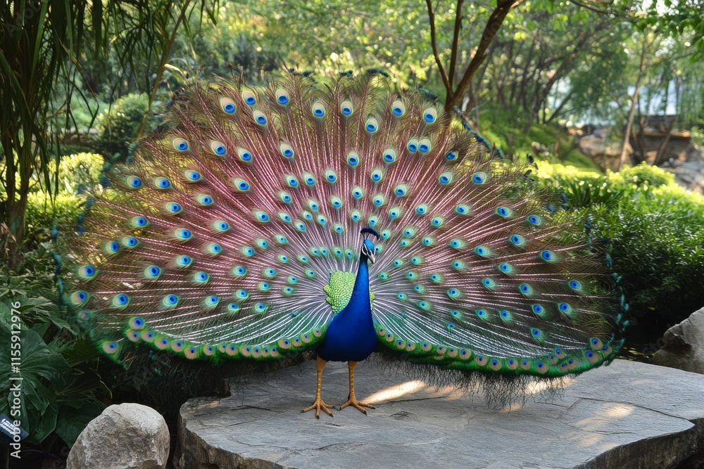 Obraz premium Vibrant peacock displaying its stunning plumage in a serene garden setting