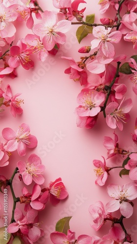 Vibrant pink cherry blossoms framing a soft pink background in spring
