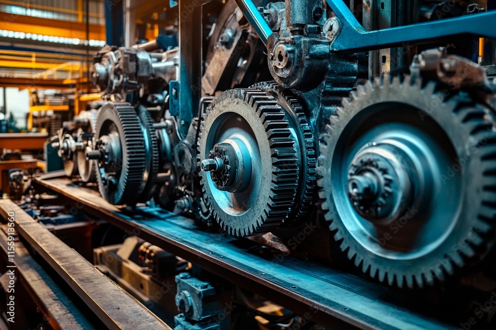 Fototapeta premium Intricate machinery gears in a vibrant workshop during twilight hours