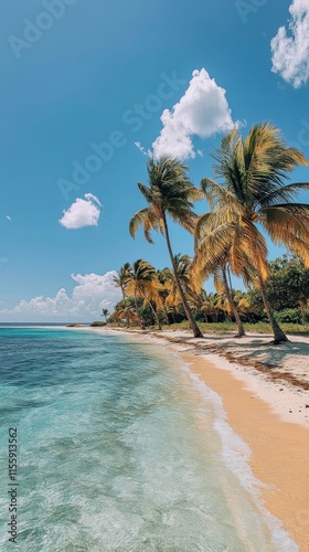 Tropical beach with clear blue water and palm trees on a sunny day by the shore