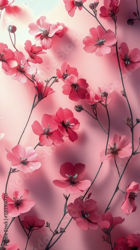 Vibrant pink cherry blossoms framing a soft pink background in spring