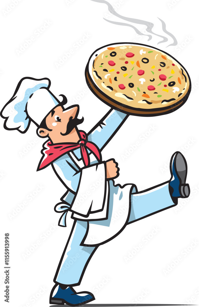 Funny chef with pizza. Emblem or logo design Funny chef with pizza. Emblem or logo design