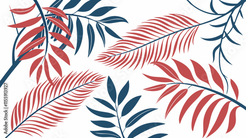 red and blue vector palm leaves pattern on white, jungle tree branches seamless background. Exotic plants for clothes textile, fabric, wrapping paper. Bright twigs summer graphic design.