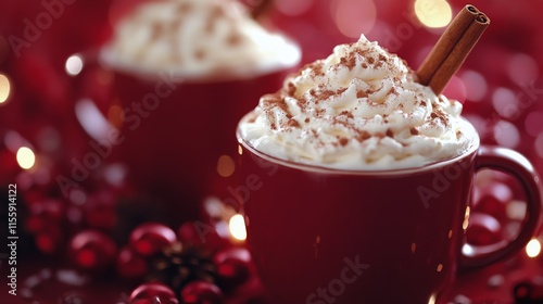 Warm seasonal beverage with whipped cream served in a cozy setting with autum...