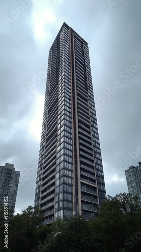 Skyscraper stands tall against a dramatic sky in an urban setting