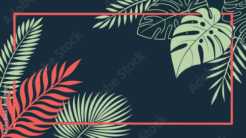 Summer beach night party dark banner template with tropical leaves and rectangular neon glowing frame with empty copy space. Palm tree and monstera foliage with red fluorescent rectangle border.