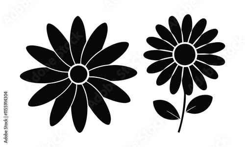 Black Silhouette Daisy Flower Illustrations, Vector illustration of two daisy flowers in black silhouette style, featuring detailed petals and leaves for decorative designs.
 photo