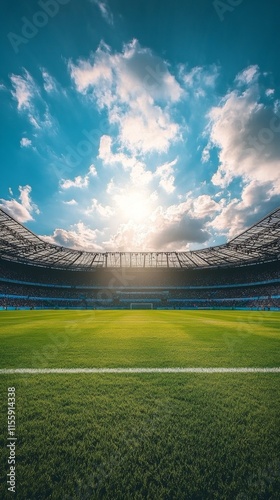 Vibrant stadium under a bright sky during a sunny day in a bustling sports at...