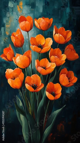 Vibrant bouquet of orange tulips on dark background showcasing natural beauty...