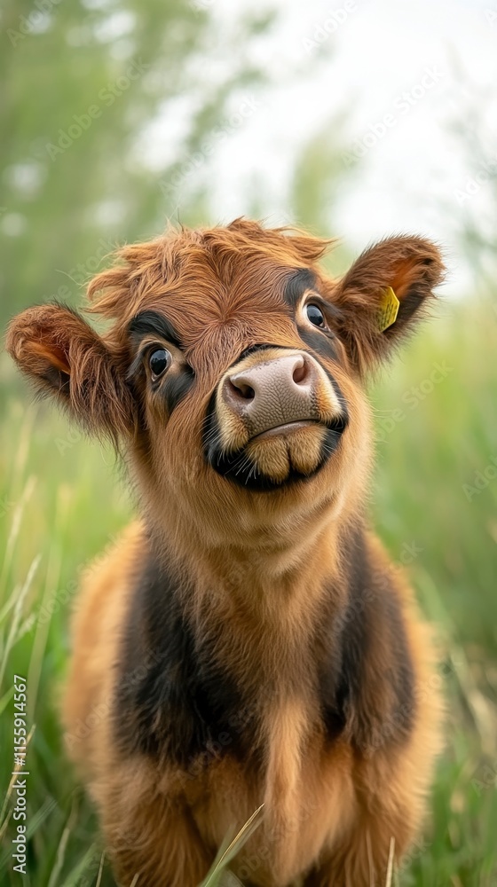 A charming young calf with a playful expression, surrounded by lush green grass, showcasing its adorable features in a serene outdoor setting. A charming young calf with a playful expression, surrounded by lush green grass, showcasing its adorable features in a serene outdoor setting.