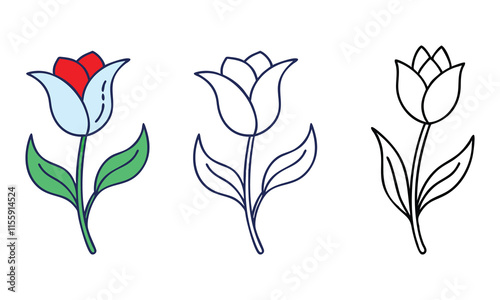 Stylized Tulip Illustrations with Color and Outline, Vector set of stylized tulip illustrations featuring a colored version and two black-and-white outlines, ideal for art and design projects.
