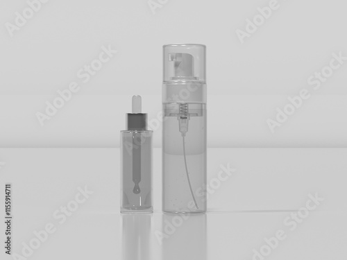 3D render, 3d render Set of Cosmetic Packaging Mockups: Foam Pump Bottle, Dropper Bottle