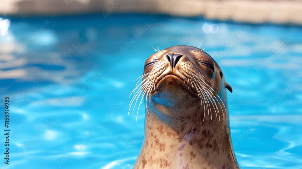 Fototapeta premium A seal emerges from a sparkling blue pool, displaying its whiskers and playful demeanor under the sunlight.