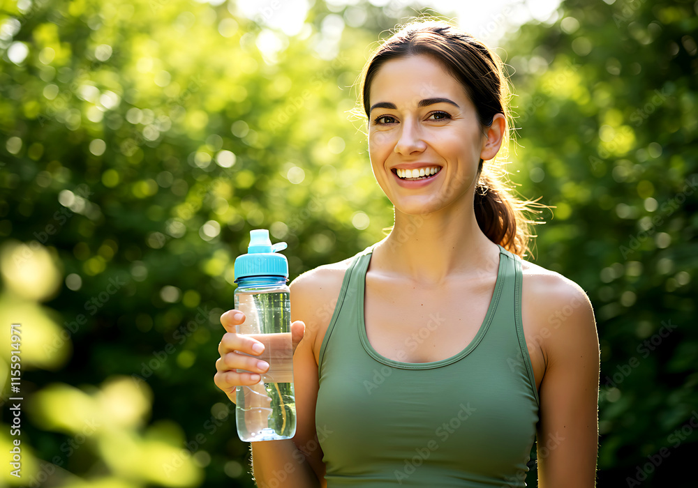 Young Woman Holding Water Bottle with Radiant Smile in Green Outdoors
Young Woman Holding Water Bottle with Radiant Smile in Green Outdoors