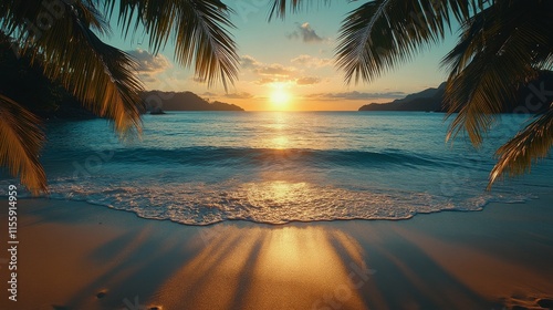 Sunset over tranquil beach with palm trees reflecting on calm waters in a tro...