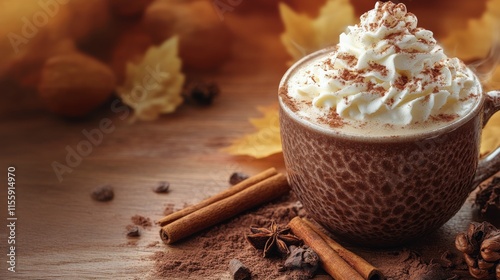 Warm seasonal beverage with whipped cream served in a cozy setting with autum...