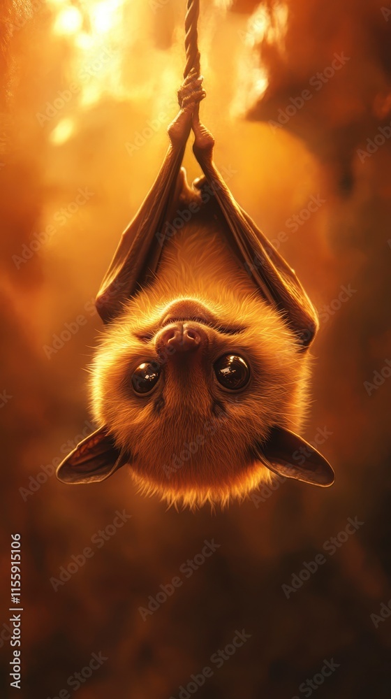 Naklejka premium A cute bat hangs upside down, illuminated by warm, golden light, showcasing its large eyes and furry features.