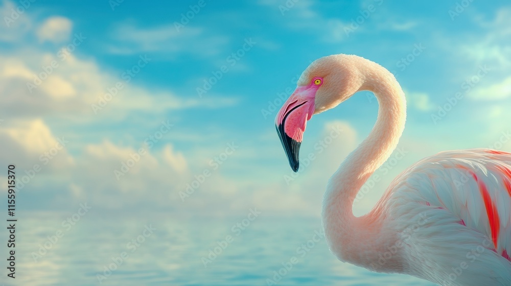 Fototapeta premium A serene flamingo gracefully stands by tranquil waters, framed by a bright sky, embodying beauty and nature's elegance.