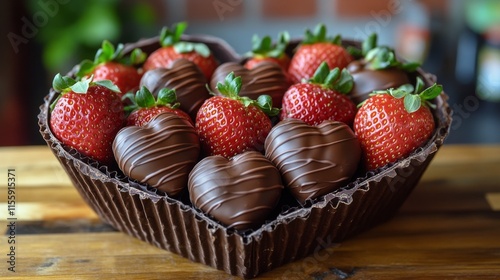 Delicious chocolate-covered strawberries arranged in a heart-shaped box for a...