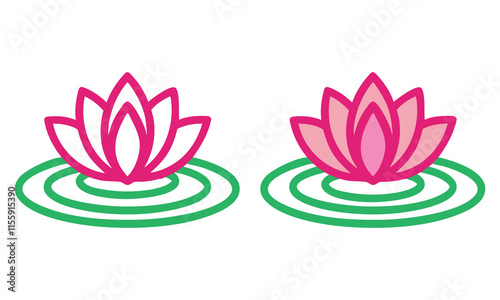 Pink lotus flowers with green water ripples, Two vibrant lotus flower illustrations featuring pink petals and green ripples, showcasing a minimalist and symmetrical aquatic design.
